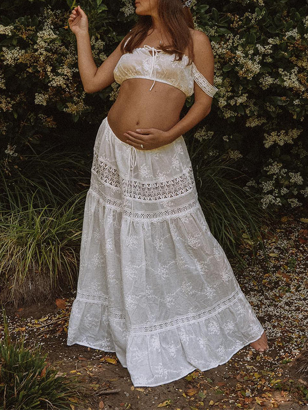 fotobeyou White 2-in-1 Lace Cut Out Off Shoulder Tie Elegant Flowy Vacation Photoshoot Maternity Maxi Dress