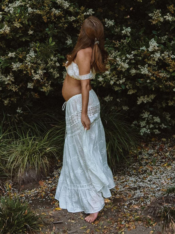 fotobeyou White 2-in-1 Lace Cut Out Off Shoulder Tie Elegant Flowy Vacation Photoshoot Maternity Maxi Dress