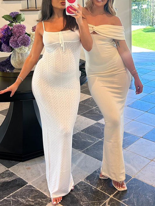 fotobeyou White Crochet Cut Out Tie Back Slit Cami Bodycon Daily Cute Baby Shower Elegant Photoshoot Maternity Maxi Dress