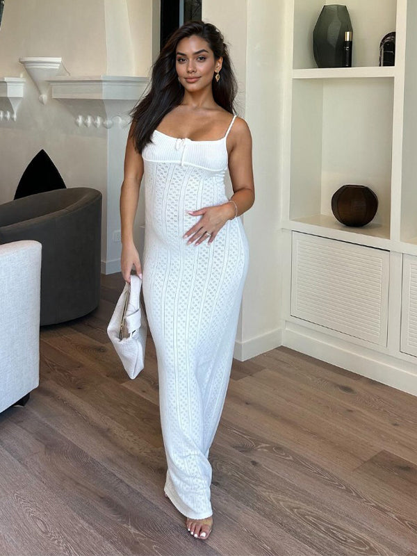 fotobeyou White Crochet Cut Out Tie Back Slit Cami Bodycon Daily Cute Baby Shower Elegant Photoshoot Maternity Maxi Dress