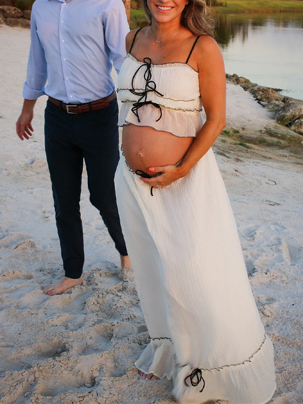 fotobeyou Beige 2-in-1 Cake Ruffle Tie Cute Elegant Flowy Vacation Baby Shower Photoshoot Maternity Maxi Dress