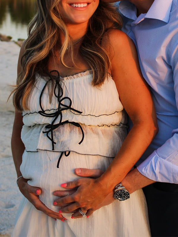 fotobeyou Beige 2-in-1 Cake Ruffle Tie Cute Elegant Flowy Vacation Baby Shower Photoshoot Maternity Maxi Dress