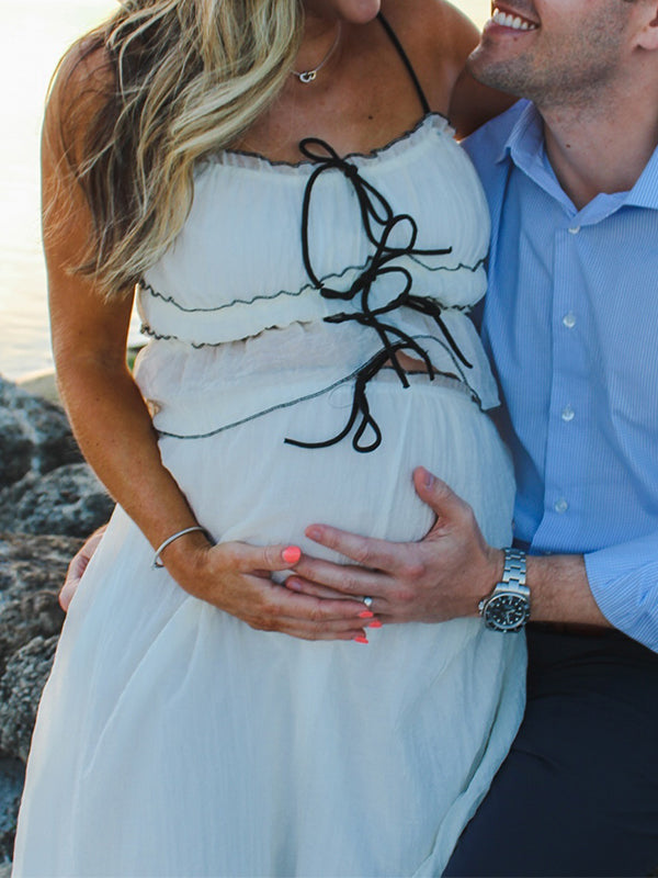 fotobeyou Beige 2-in-1 Cake Ruffle Tie Cute Elegant Flowy Vacation Baby Shower Photoshoot Maternity Maxi Dress