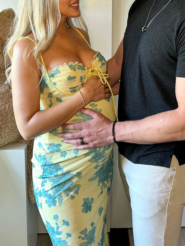 Yellow Flowers Sweetheart Neckline Cute  Maternity Maxi Dress
