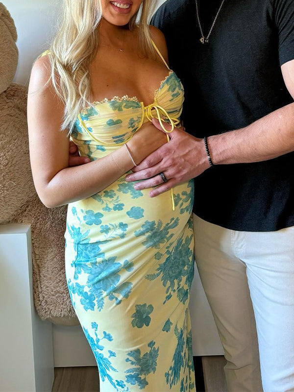 Yellow Flowers Sweetheart Neckline Cute  Maternity Maxi Dress