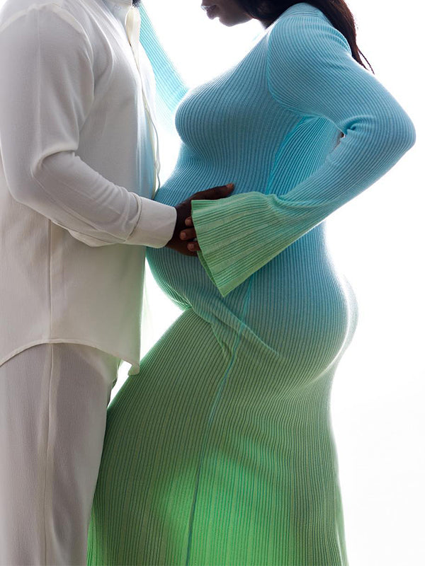 fotobeyou Light Blue Hit Color Flare Sleeve Mermaid Elegant Photoshoot Baby Shower Maternity Maxi Sweater Dress