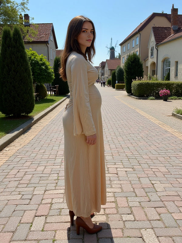 fotobeyou Beige Knit Back Tie U-neck Flare Sleeve Elegant Baby Shower Maternity Maxi Dress