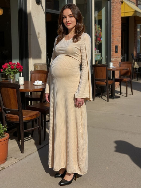 fotobeyou Beige Knit Back Tie U-neck Flare Sleeve Elegant Baby Shower Maternity Maxi Dress