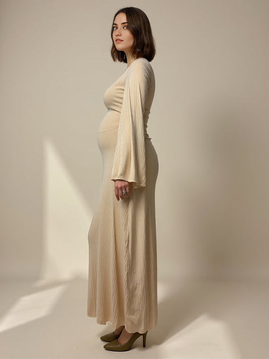 fotobeyou Beige Knit Back Tie U-neck Flare Sleeve Elegant Baby Shower Maternity Maxi Dress