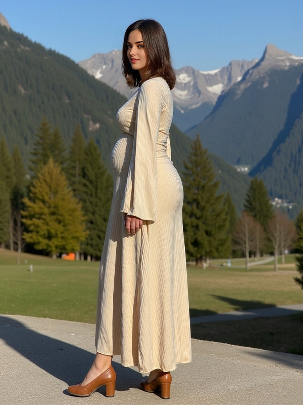 fotobeyou Beige Knit Back Tie U-neck Flare Sleeve Elegant Baby Shower Maternity Maxi Dress