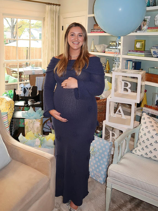 fotobeyou Navy Blue Off Shoulder 3D Flowers Flare Sleeve Mermaid Bodycon Photoshoot Baby Shower Maternity Maxi Dress