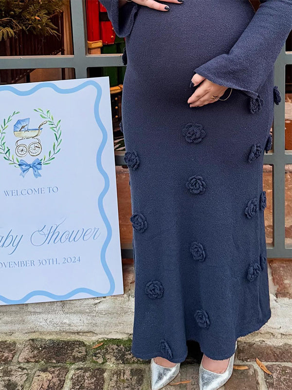 fotobeyou Navy Blue Off Shoulder 3D Flowers Flare Sleeve Mermaid Bodycon Photoshoot Baby Shower Maternity Maxi Dress