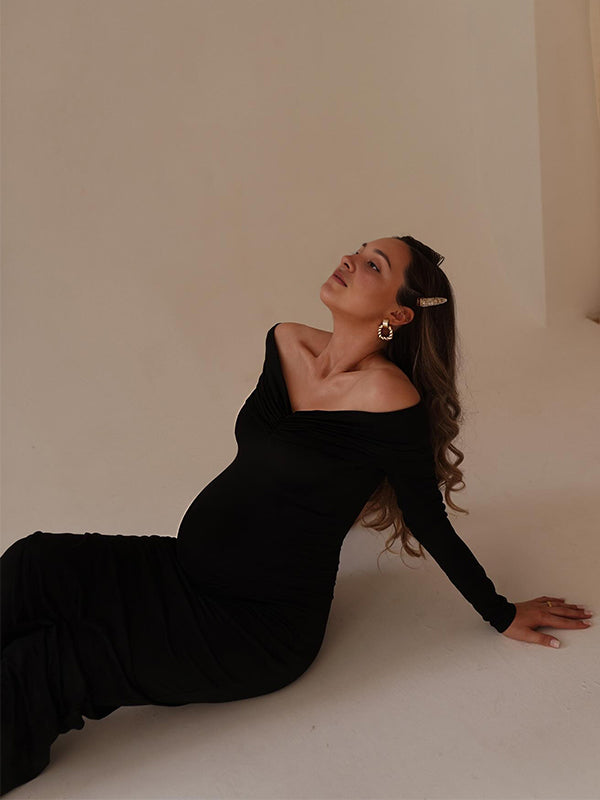 fotobeyou Black Off Shoulder Ruched Bodycon Elegant Photoshoot Baby Shower Maternity Maxi Dress