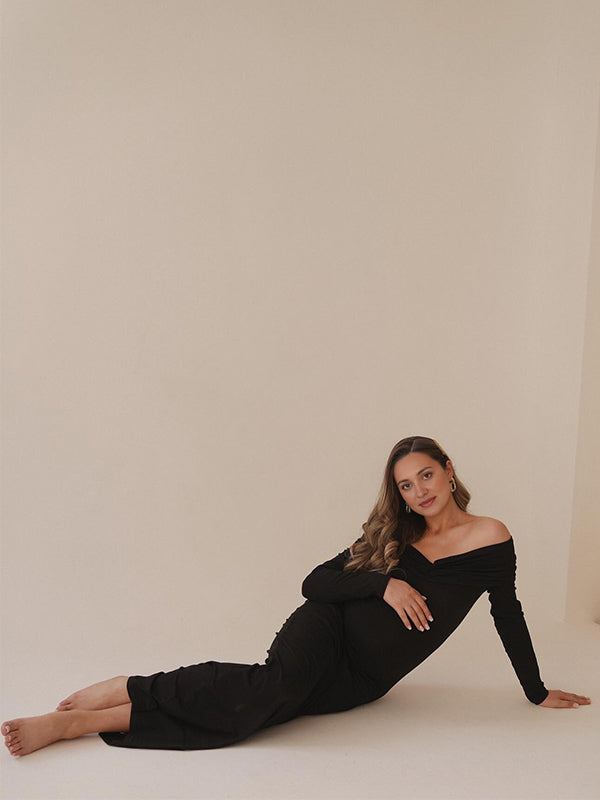 fotobeyou Black Off Shoulder Ruched Bodycon Elegant Photoshoot Baby Shower Maternity Maxi Dress