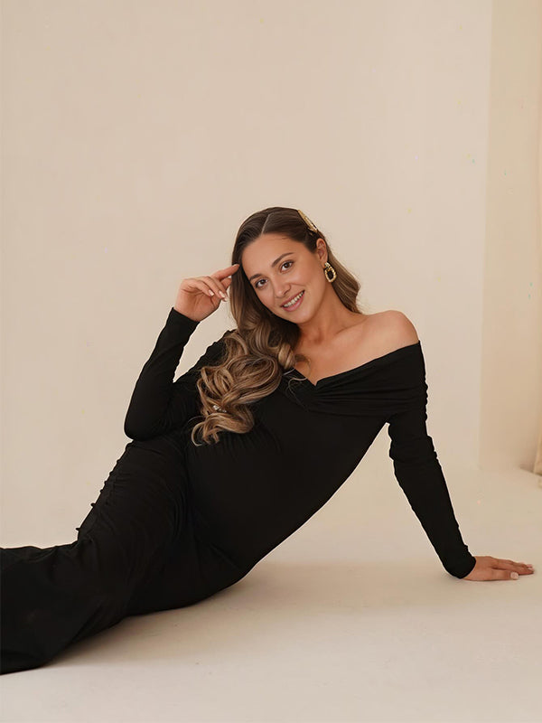 fotobeyou Black Off Shoulder Ruched Bodycon Elegant Photoshoot Baby Shower Maternity Maxi Dress
