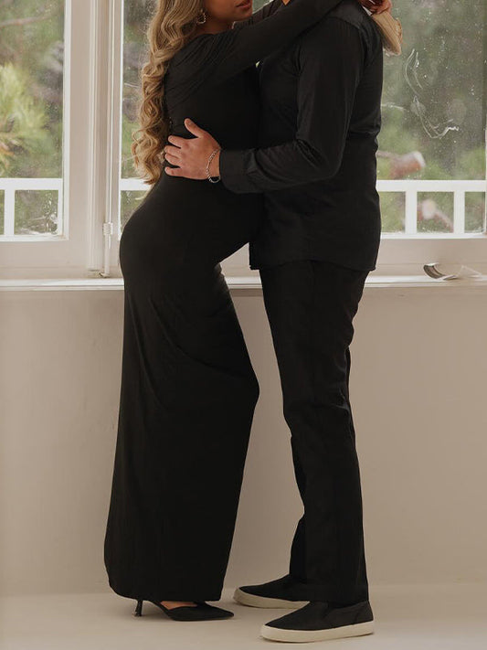 fotobeyou Black Off Shoulder Ruched Bodycon Elegant Photoshoot Baby Shower Maternity Maxi Dress