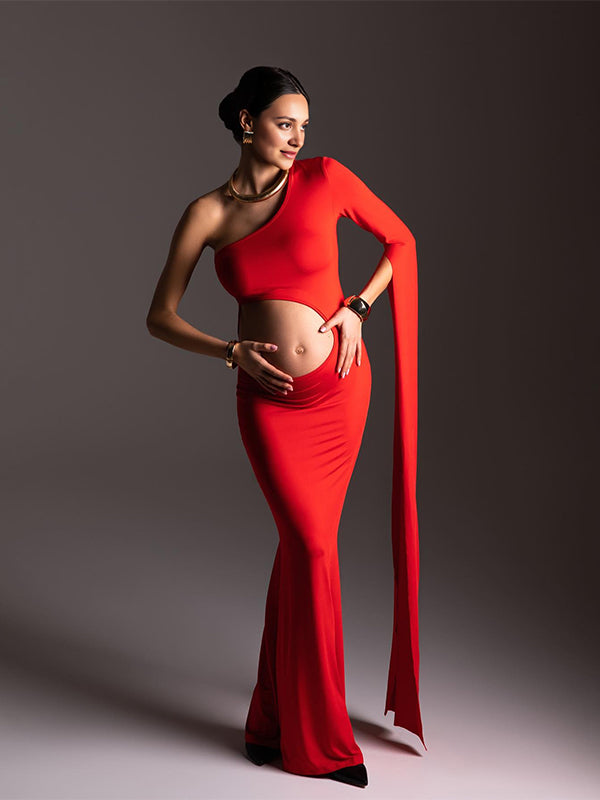 fotobeyou Red One Slit Sleeve Cut Out Bodycon Elegant Photoshoot Maternity Maxi Dress