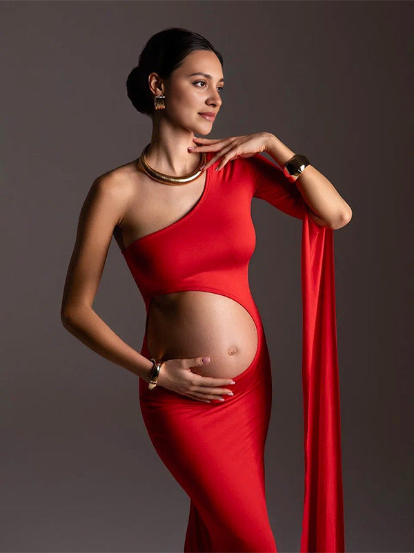 fotobeyou Red One Slit Sleeve Cut Out Bodycon Elegant Photoshoot Maternity Maxi Dress