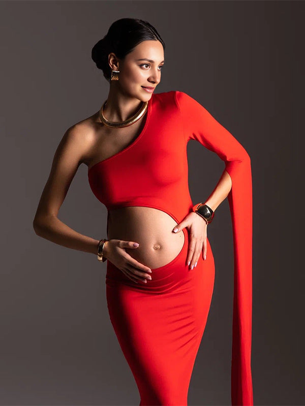 fotobeyou Red One Slit Sleeve Cut Out Bodycon Elegant Photoshoot Maternity Maxi Dress