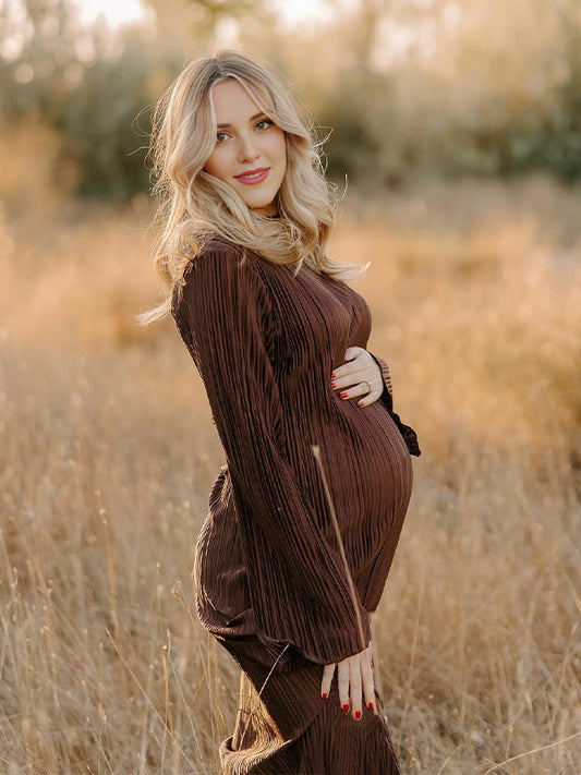 fotobeyou Brown Pleated Ruffle Belted Elegant Photoshoot Baby Shower Maternity Maxi Dress