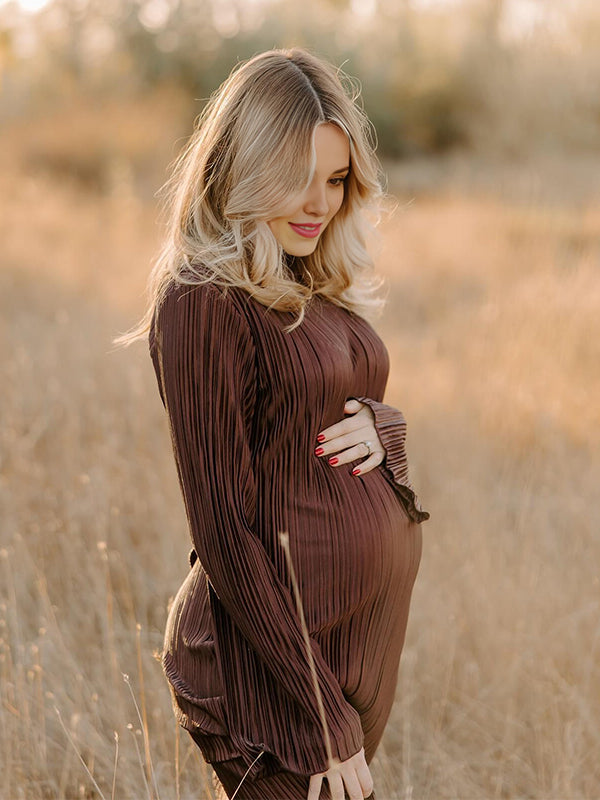 fotobeyou Brown Pleated Ruffle Belted Elegant Photoshoot Baby Shower Maternity Maxi Dress