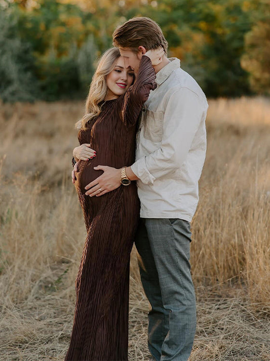 fotobeyou Brown Pleated Ruffle Belted Elegant Photoshoot Baby Shower Maternity Maxi Dress