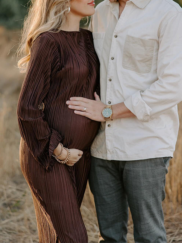 fotobeyou Brown Pleated Ruffle Belted Elegant Photoshoot Baby Shower Maternity Maxi Dress