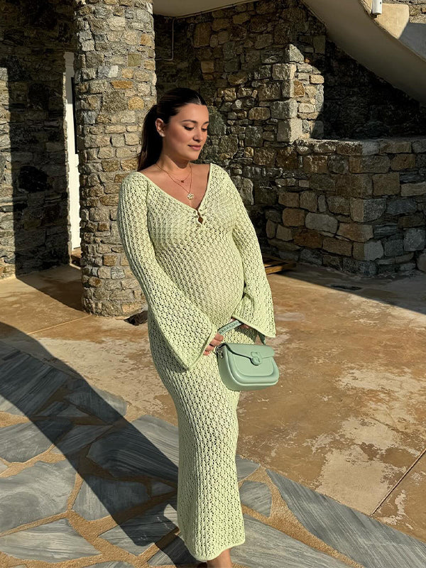 fotobeyou Cut Out Knit V-neck Flare Sleeve Backless Elegant Photoshoot Baby Shower Maternity Maxi Dress