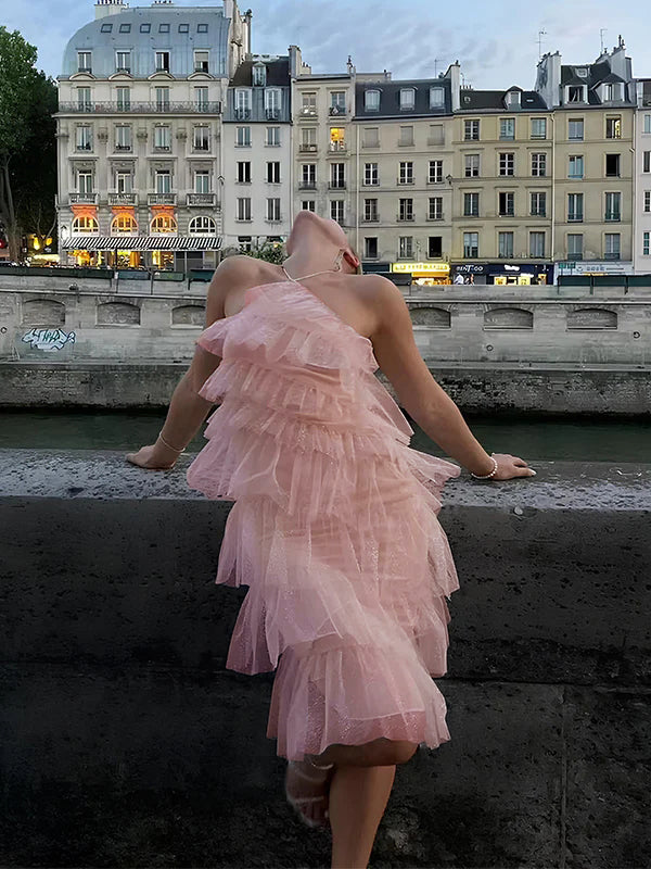 fotobeyou Pink Ruffle Tulle Halter Neck Backless Irregular Babyshower Maternity Mini Dress