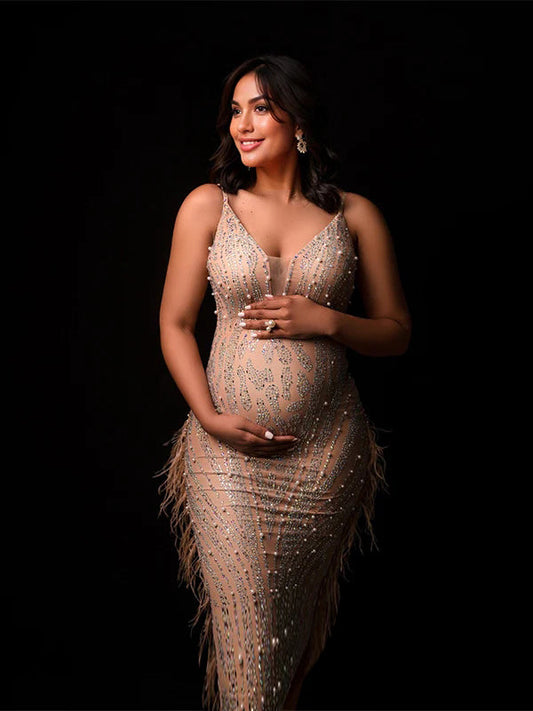 fotobeyou Beige Sparkly Diamond Rhinestone Mesh Tassel Sheer Bodycon Elegant Photoshoot Maternity Midi Dress