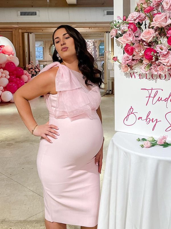 fotobeyou Tulle Bow One Shoulder Back Slit Zipper Bodycon Elegant Cocktail Party Gown Maternity Photoshoot Baby Shower Midi Dress