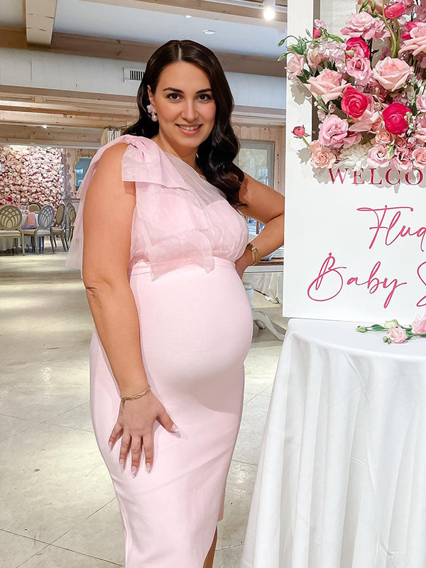 fotobeyou Tulle Bow One Shoulder Back Slit Zipper Bodycon Elegant Cocktail Party Gown Maternity Photoshoot Baby Shower Midi Dress