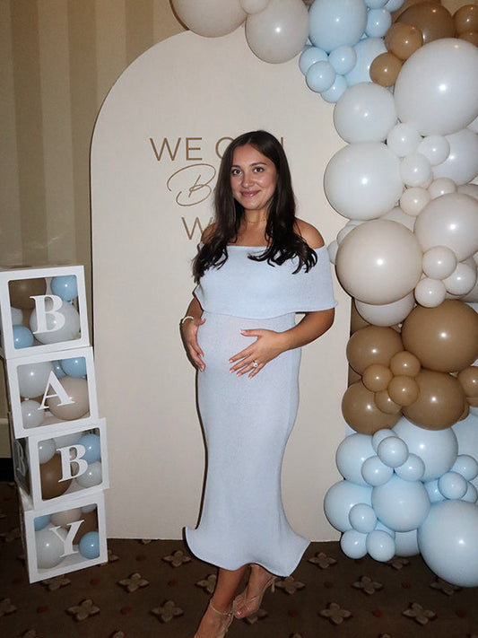 fotobeyou Light Blue Knit Off Shoulder Wire Ripple Hem Bodycon Elegant Cocktail Party Maternity Baby Shower Midi Dress
