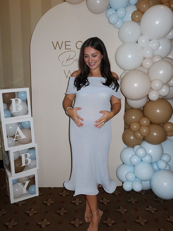 fotobeyou Light Blue Knit Off Shoulder Wire Ripple Hem Bodycon Elegant Cocktail Party Maternity Baby Shower Midi Dress