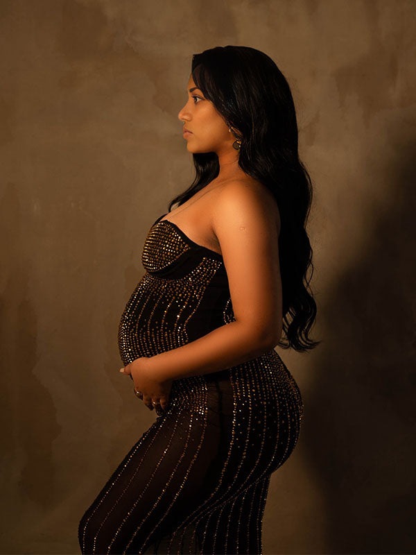 fotobeyou Black Sparkly Diamond Rhinestone Sheer Bodycon Elegant Photoshoot Maternity Midi Dress