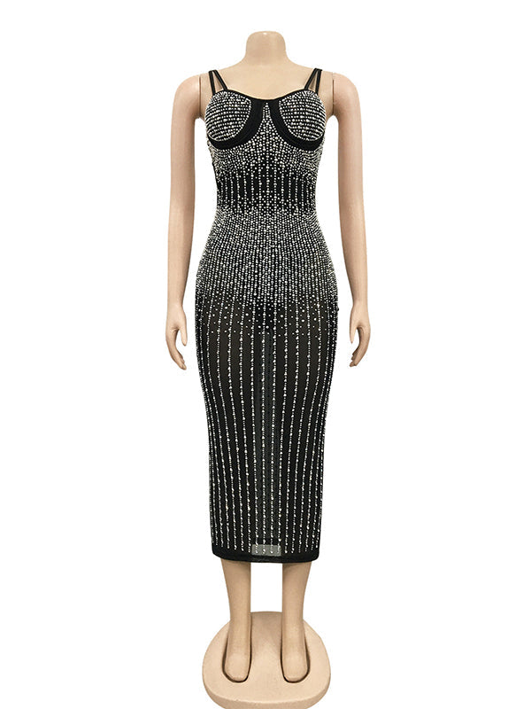fotobeyou Black Sparkly Diamond Rhinestone Sheer Bodycon Elegant Photoshoot Maternity Midi Dress