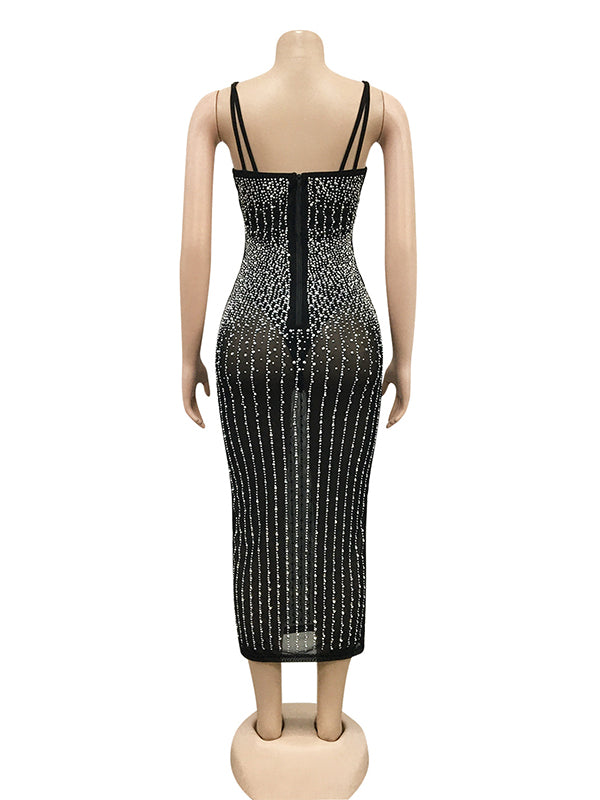 fotobeyou Black Sparkly Diamond Rhinestone Sheer Bodycon Elegant Photoshoot Maternity Midi Dress