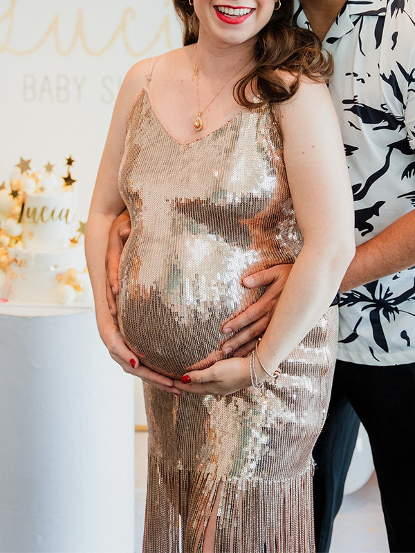 fotobeyou Champagne Sequin Tassel Backless Bodycon Cocktail Party Baby Shower Maternity Midi Dress