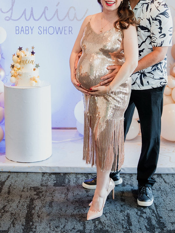 fotobeyou Champagne Sequin Tassel Backless Bodycon Cocktail Party Baby Shower Maternity Midi Dress
