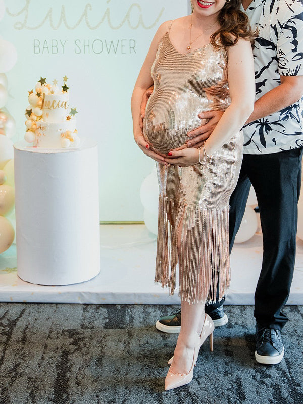 fotobeyou Champagne Sequin Tassel Backless Bodycon Cocktail Party Baby Shower Maternity Midi Dress