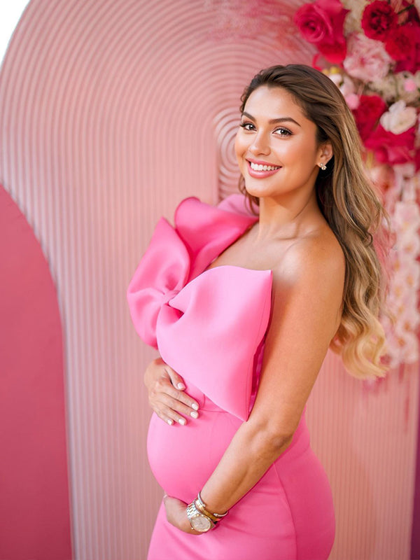 fotobeyou Rose Carmine Ruffle Bow Falbala One Shoulder Bodycon Plus Size Elegant Maternity Photoshoot Baby Shower Mini Dress