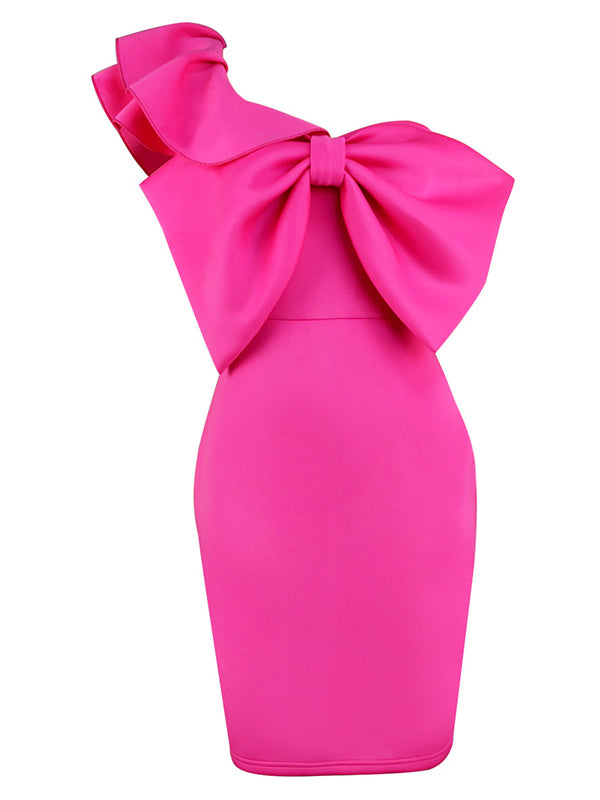 fotobeyou Rose Carmine Ruffle Bow Falbala One Shoulder Bodycon Plus Size Elegant Maternity Photoshoot Baby Shower Mini Dress
