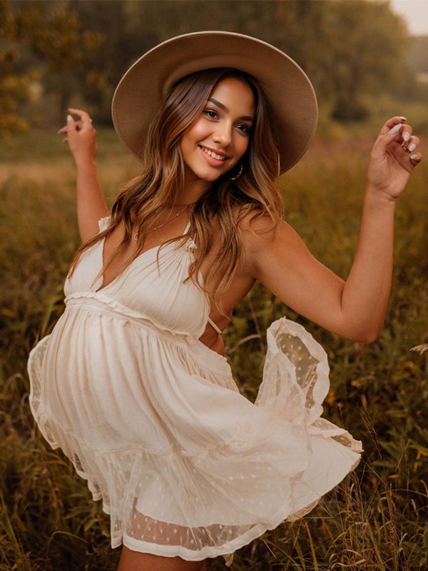 fotobeyou Halter Neck Backless Mesh Splicing V-Neck Boho Photoshoot Maternity Mini Dress