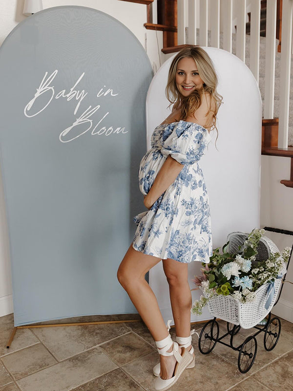 fotobeyou Blue Floral Ruched Off Shoulder A-line Puff Sleeve Sweet Going Out Maternity Photoshoot Baby Shower Mini Dress