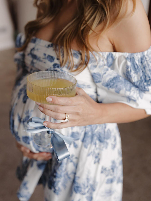 fotobeyou Blue Floral Ruched Off Shoulder A-line Puff Sleeve Sweet Going Out Maternity Photoshoot Baby Shower Mini Dress