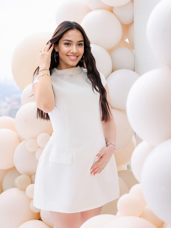 fotobeyou White Pockets A-line Cap Sleeve Round Neck Plus Size Elegant Going Out Work Maternity Photoshoot Baby Shower Mini Dress