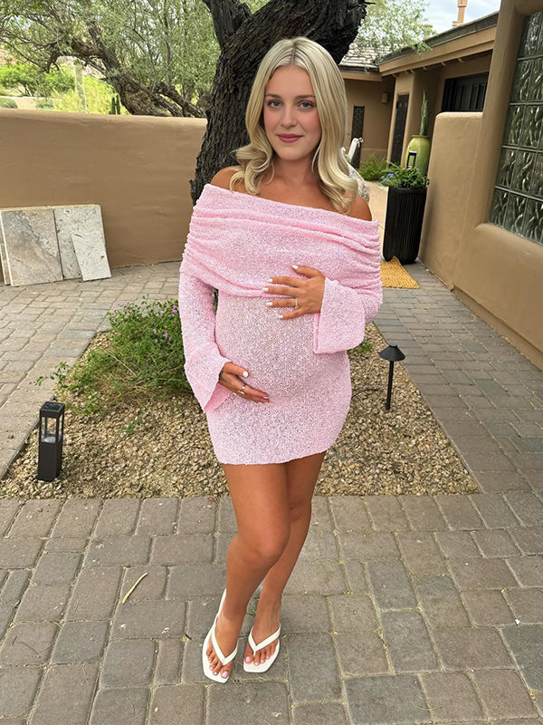 fotobeyou Pink Off Shoulder Knitwear Bodycon Going Out Dress Cute Baby Shower Maternity Mini Dress