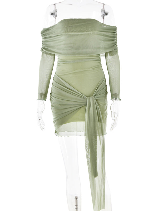 fotobeyou Green Mesh Ruched Knot Draped Off Shoulder Bodycon Elegant Cocktail Party Maternity Photoshoot Baby Shower Mini Dress