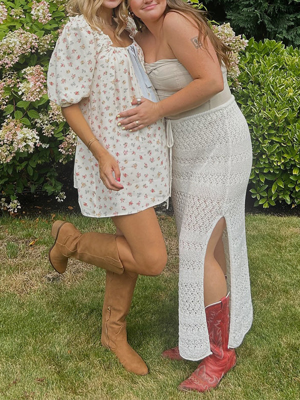 fotobeyou White Floral Bow Puff Sleeve Cute Baby Shower Maternity Mini Dress