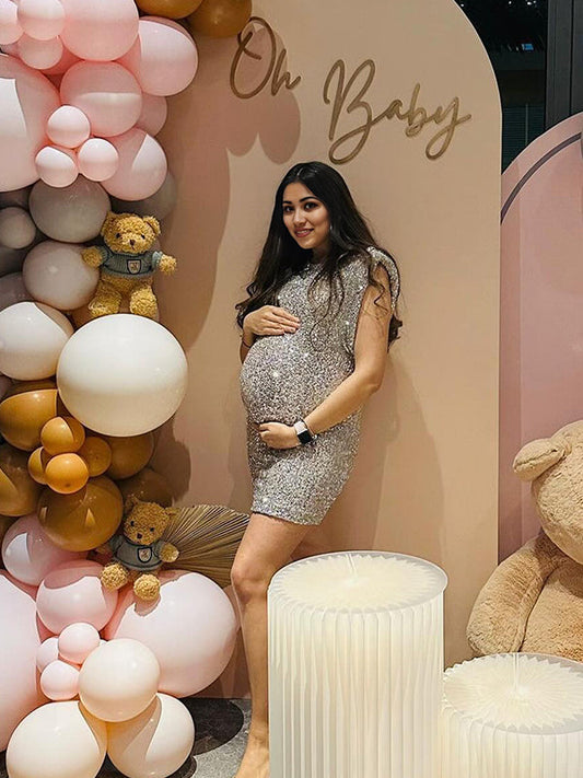 fotobeyou Sparkle Sequin Shoulder Pads High Neck Sleeveless Bodycon Elegant Cocktail Party Maternity Photoshoot Baby Shower Mini Dress